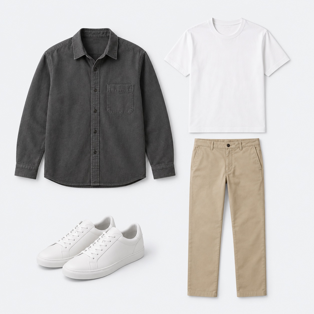 A charcoal overshirt, white tee, beige trousers, and white sneakers arranged as an outfit